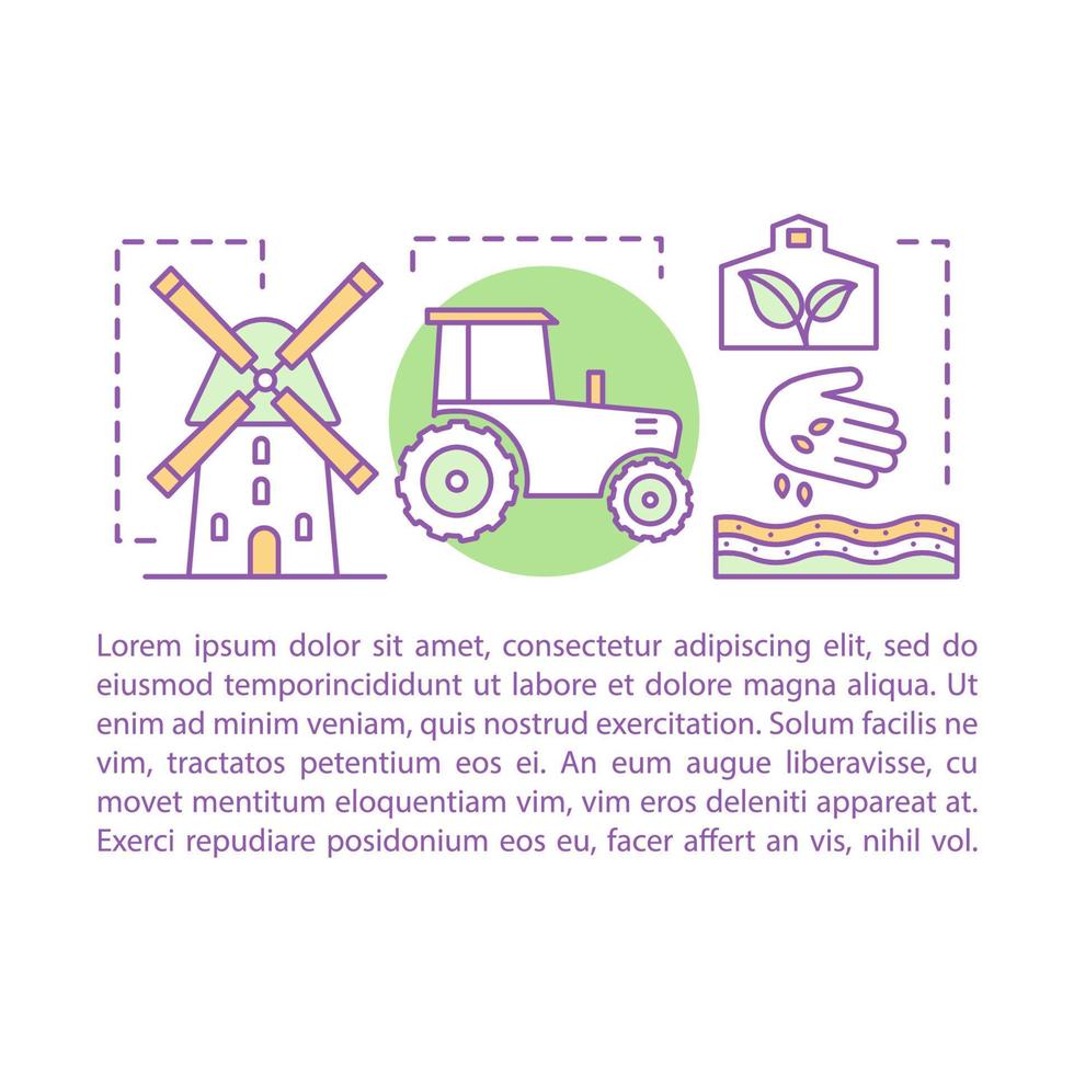 Organic farming concept linear illustration. Agriculture. Article, brochure, magazine page template. Ecological products. Eco friendly farming. Thin line icons with text boxe. Vector isolated drawing