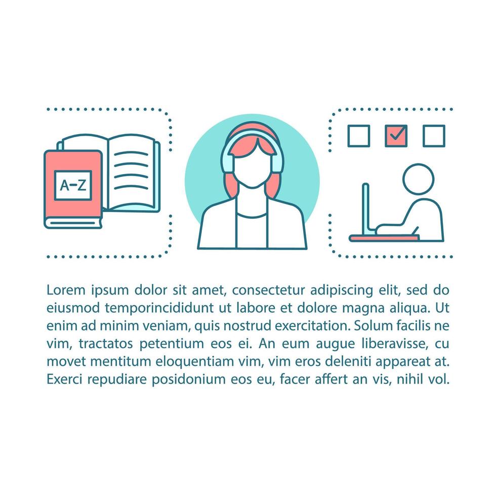 Language learning concept linear illustration. Audio courses, e-book. Listening. Article, brochure, magazine page layout with text boxes. Print design. Vector isolated outline drawing