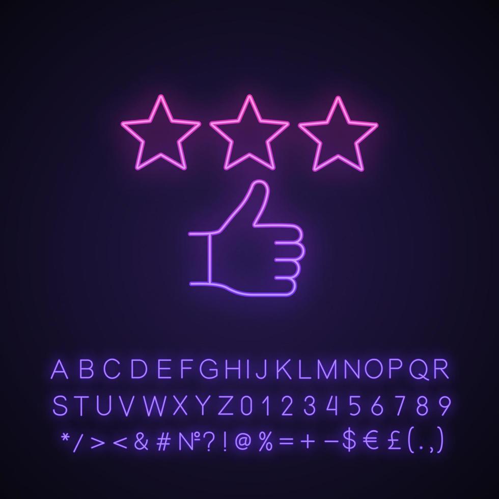 Rating neon light icon. Customer excellent review. Positive feedback. Ranking. Client satisfaction. Stars and thumbs up gesture. Glowing sign with alphabet, numbers. Vector isolated illustration