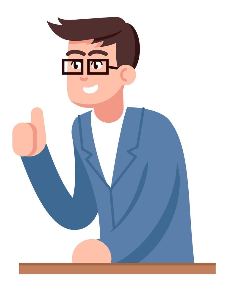 Teacher encouraging students semi flat RGB color vector illustration. Smiling figure. After school tutor. Man in glasses raising thumb up isolated cartoon character on white background