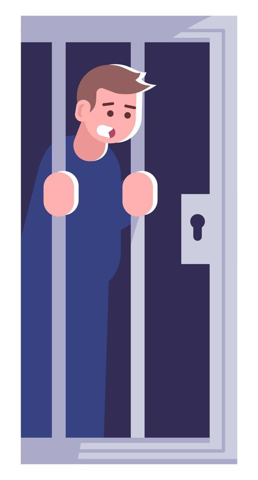 Imprisonment semi flat RGB color vector illustration. Scared figure. Police cell. Participating in fun activity. Arrested man in police station isolated cartoon character on white background