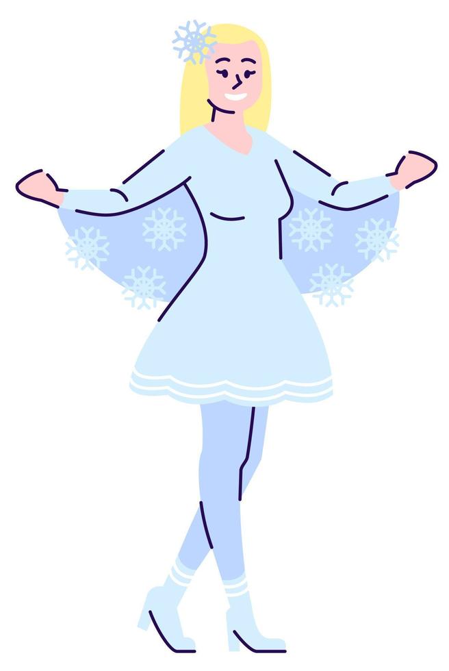 Female artist in snowflake costume semi flat RGB color vector illustration. Standing figure. Entertainment industry career. Christmas character performer isolated cartoon character on white background