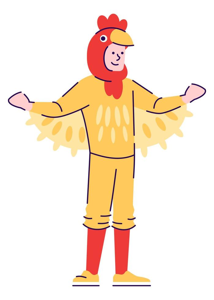 hombre vestido con traje de gallo semiplano rgb color vector ilustración. figura de pie. carrera en la industria del entretenimiento. personaje de dibujos animados aislado de ejecutante de carácter profesional sobre fondo blanco