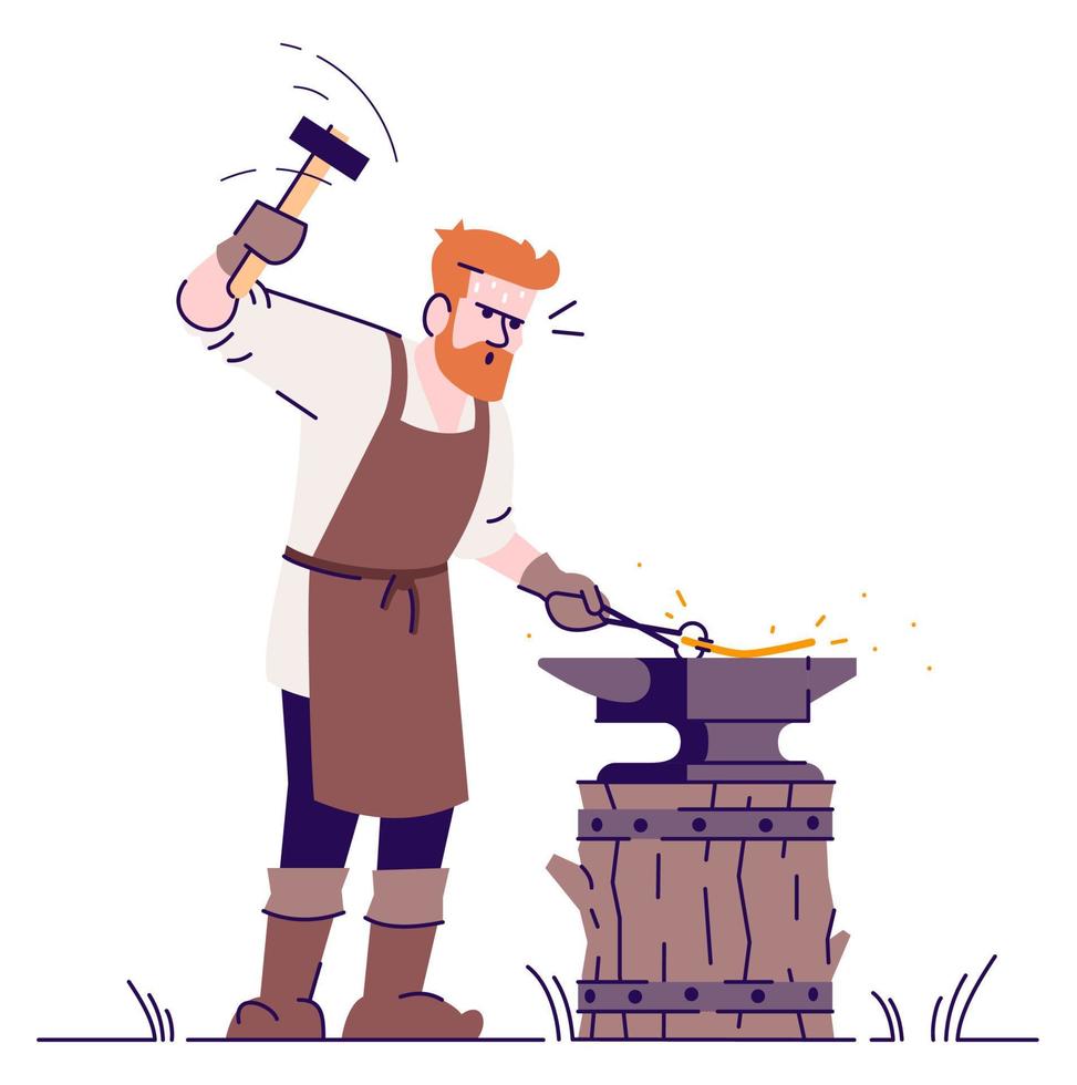 Blacksmith working with hammer semi flat RGB color vector illustration. Posing figure. Live action role playing game. Medieval period person isolated cartoon character on white background