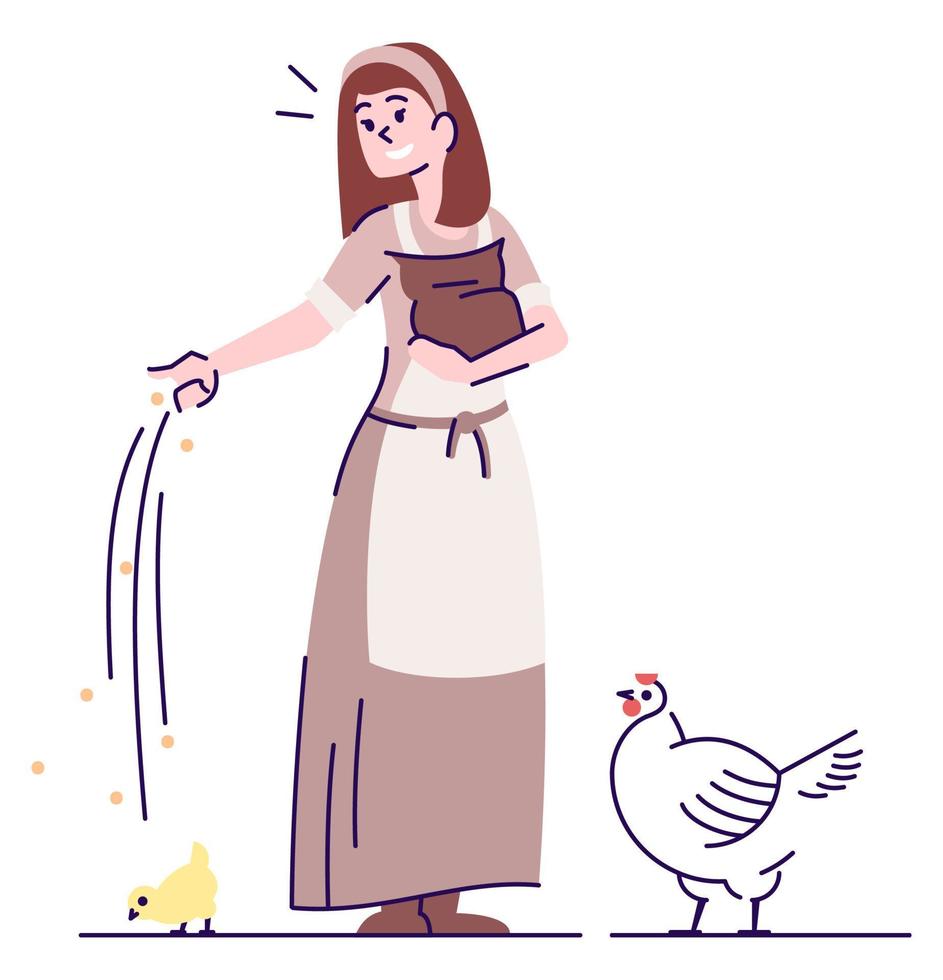 Female peasant feeds poultry semi flat RGB color vector illustration. Posing figure. Live action role playing game. Medieval period person isolated cartoon character on white background