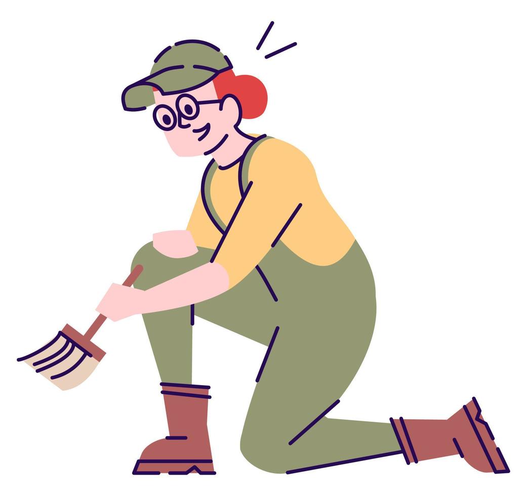 Female archaeologist with brush semi flat RGB color vector illustration. Sitting figure. Person with experience in archaeological field isolated cartoon character on white background