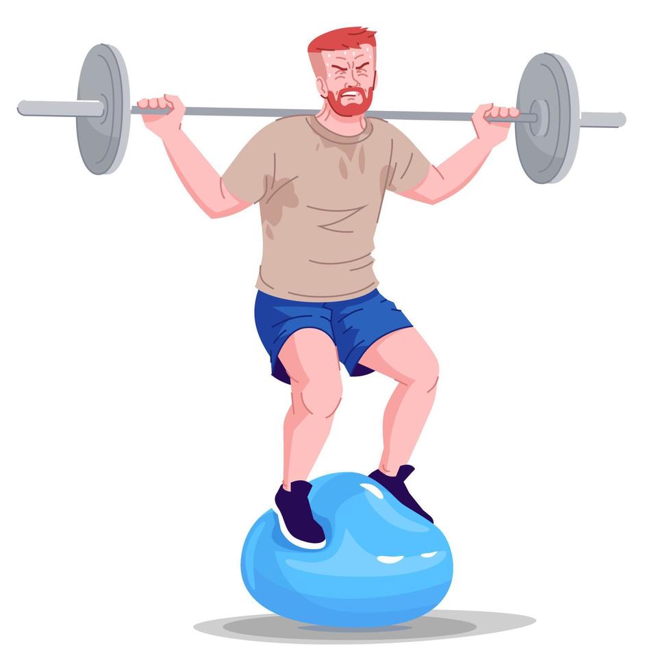 Man obsessed with gym semi flat RGB color vector illustration. Struggling figure. Exercise obsession. Person with addictive personality isolated cartoon character on white background