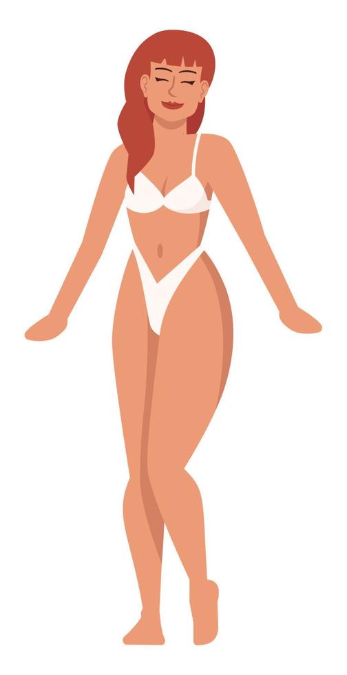 modelo de traje de baño con piel bronceada semiplana rgb color vector ilustración. figura posando. auto-aceptación. persona que promueve el enfoque de positividad corporal personaje de dibujos animados aislado sobre fondo blanco