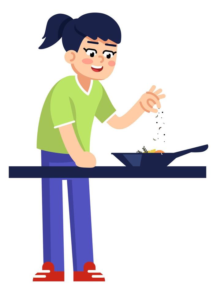 Happy girl adding spices to food semi flat RGB color vector illustration. Standing figure. Person participating in cooking class for kid isolated cartoon character on white background