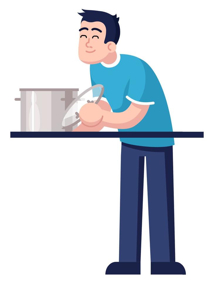 hombre complacido preparando sopa en olla semi plana rgb color vector ilustración. figura posando. persona que participa en la clase de cocina para adultos personaje de dibujos animados aislado sobre fondo blanco