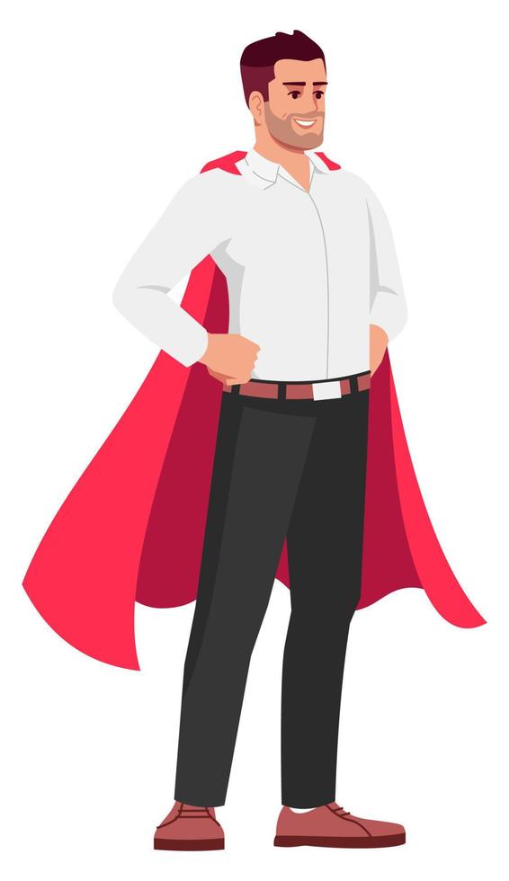 Office worker with superhero cloak semi flat RGB color vector illustration. Standing figure. Person celebrating professional achievement isolated cartoon character on white background