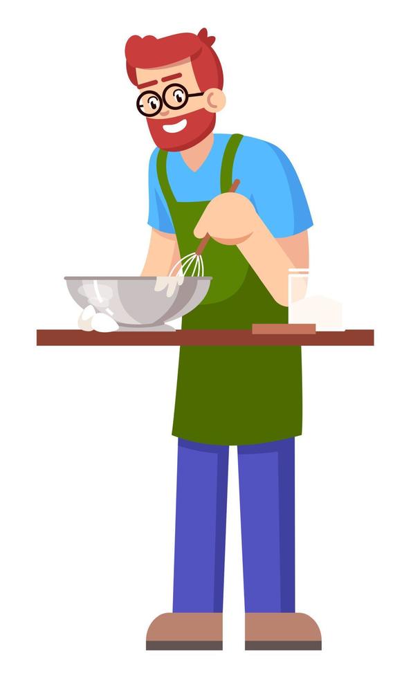 hombre barbudo preparando masa de tarta semi plana rgb color vector ilustración. figura de pie. persona que participa en la clase de cocina para adultos personaje de dibujos animados aislado sobre fondo blanco