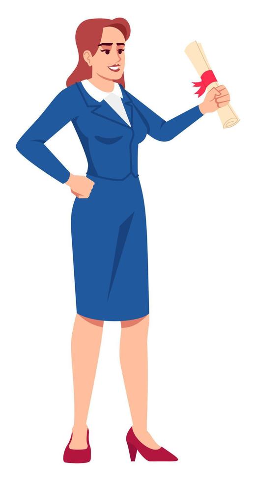 Smiling office lady with award certificate semi flat RGB color vector illustration. Recognize great efforts. Person celebrating professional achievement isolated cartoon character on white background