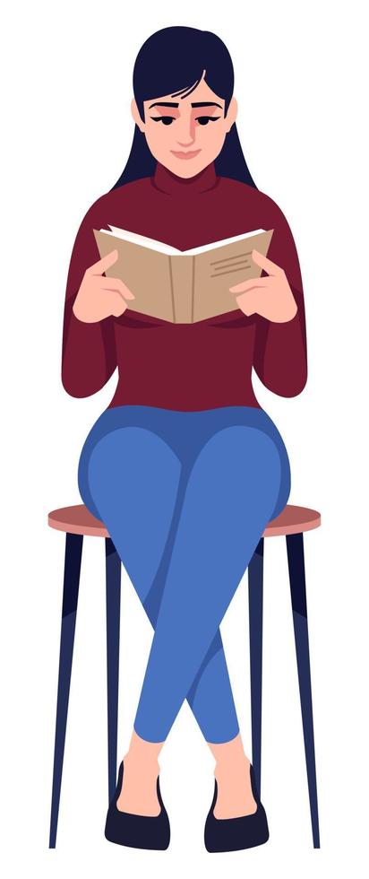 mujer bonita con libro semi plano rgb color vector ilustración. figura sentada con las piernas cruzadas. biblioteca de visita. dama leyendo por placer personaje de dibujos animados aislado sobre fondo blanco