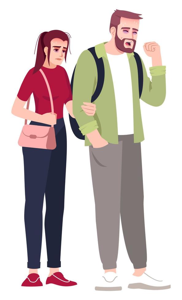 detectar personas enfermas ilustración de vector de color rgb semiplano. figuras de pie. cita hospitalaria. hombre tosiendo y mujer cansada. pareja de mal aspecto personajes de dibujos animados aislados sobre fondo blanco