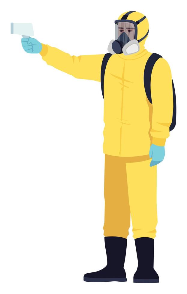 Sanitization semi flat RGB color vector illustration. Coronavirus cleaning service. Disinfecting surfaces. Cleaner worker wearing biohazard suit isolated cartoon character on white background