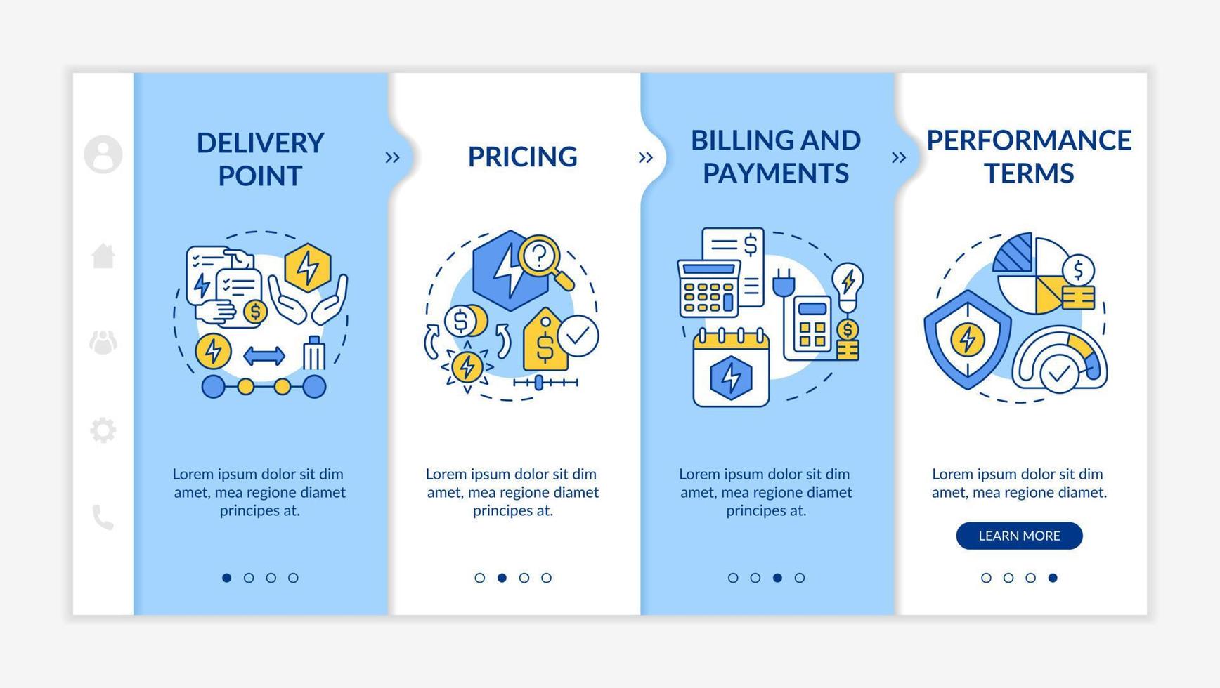 PPA sales blue and white onboarding template. Financial terms. Responsive mobile website with linear concept icons. Web page walkthrough 4 step screens. Lato-Bold, Regular fonts used vector