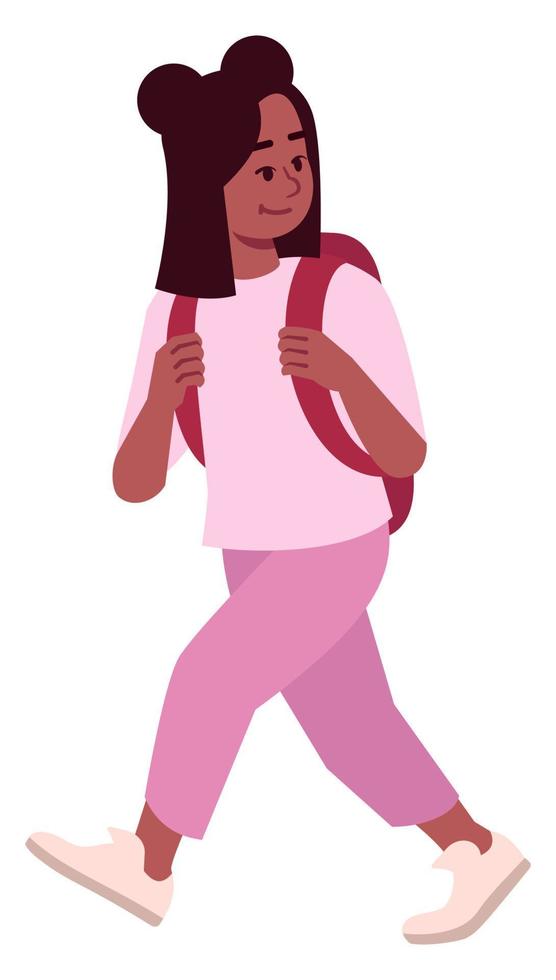 ilustración de vector de color rgb semiplano de regreso a la escuela. figura andante. primer día en la escuela secundaria. linda niña preadolescente con traje rosa personaje de dibujos animados aislado sobre fondo blanco