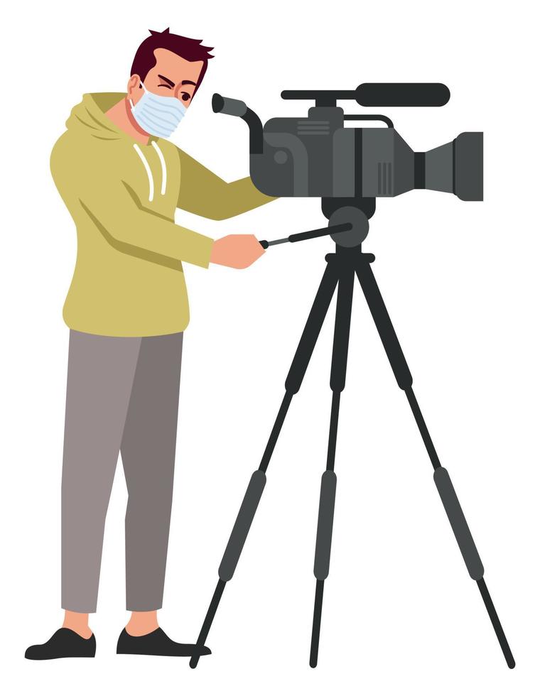 Film production semi flat RGB color vector illustration. Standing figure. Preventative measures. Cameraman. Camera operator wearing face mask isolated cartoon character on white background