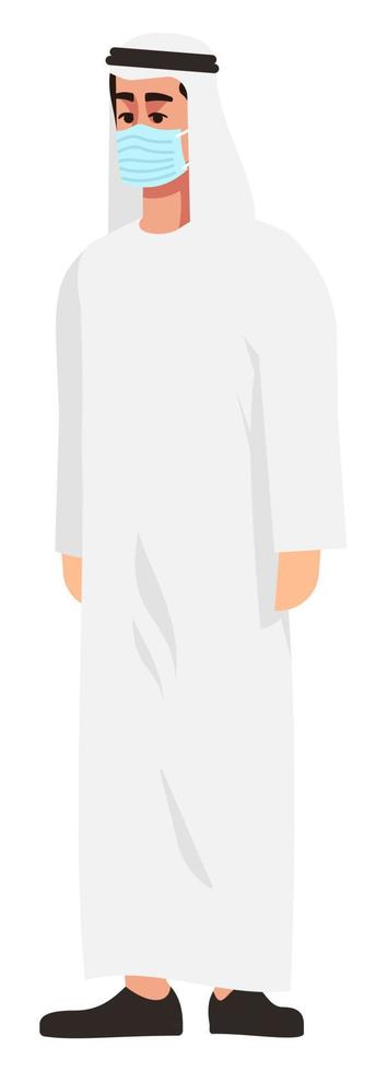 Folk costume semi flat RGB color vector illustration. Standing figure. Preventative measures. Man wearing traditional white robe and face mask isolated cartoon character on white background