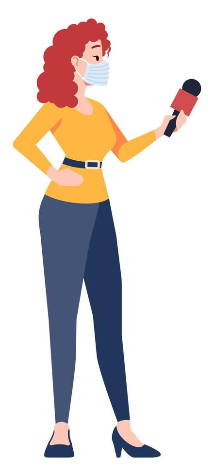 Correspondent with mic semi flat RGB color vector illustration. Posing figure. Preventative measures. Female broadcast journalist wearing face mask isolated cartoon character on white background