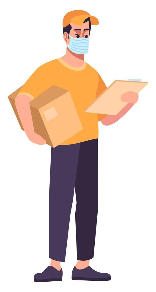 Delivery service semi flat RGB color vector illustration. Standing figure. Preventative measures. Courier with cardboard box wearing face mask isolated cartoon character on white background