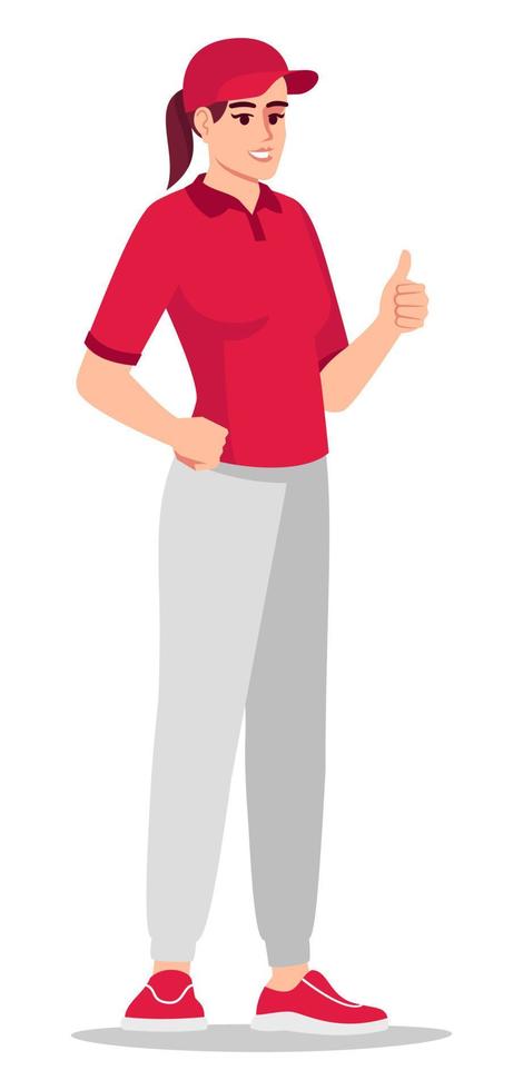 ilustración de vector de color rgb semiplano de calidad de servicio de entrega excelente. distribución de documentos y paquetes. mensajero femenino con uniforme rojo personaje de dibujos animados aislado sobre fondo blanco