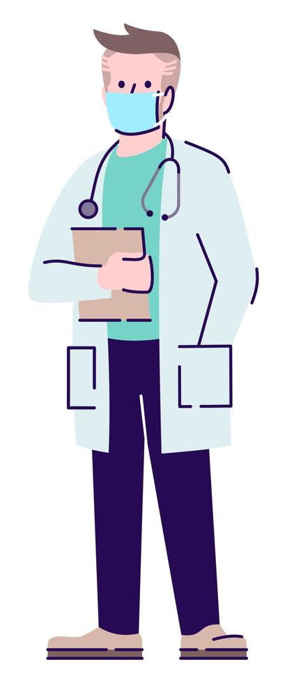 Healthcare during covid semi flat RGB color vector illustration. Standing figure. Preventative measures. Male doctor wearing white robe and mask isolated cartoon character on white background