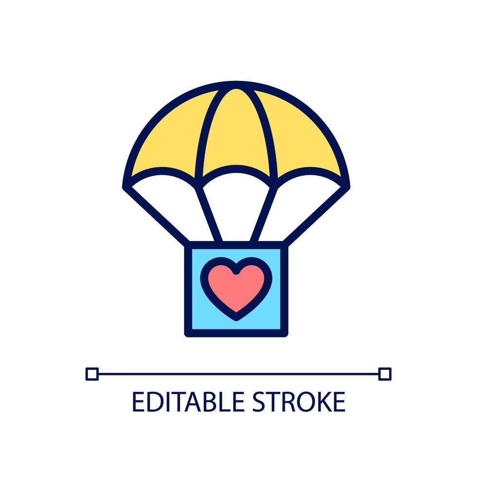 Humanitarian aid pixel perfect RGB color icon. Life-saving support. Voluntary service. Provide food aid. Isolated vector illustration. Simple filled line drawing. Editable stroke. Arial font used