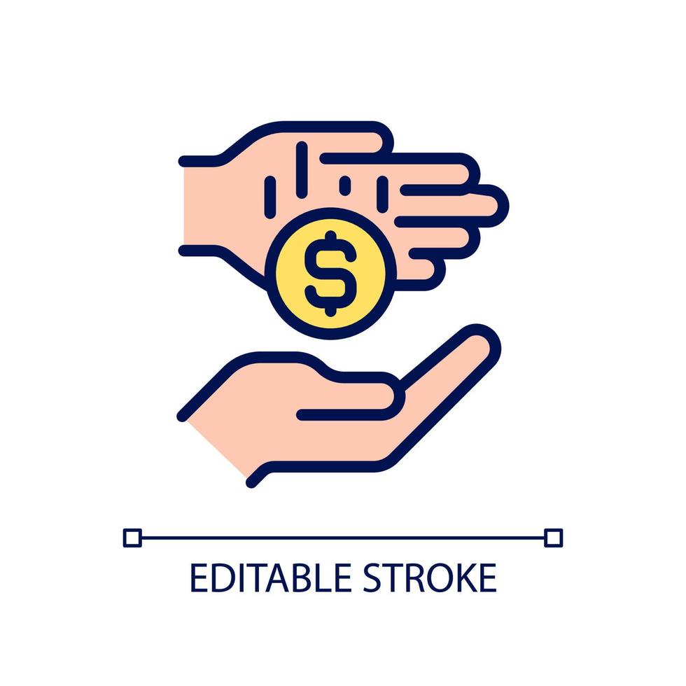 Micro-donation pixel perfect RGB color icon. Microphilanthropy. Gifting small donations, gifts. Isolated vector illustration. Simple filled line drawing. Editable stroke. Arial font used