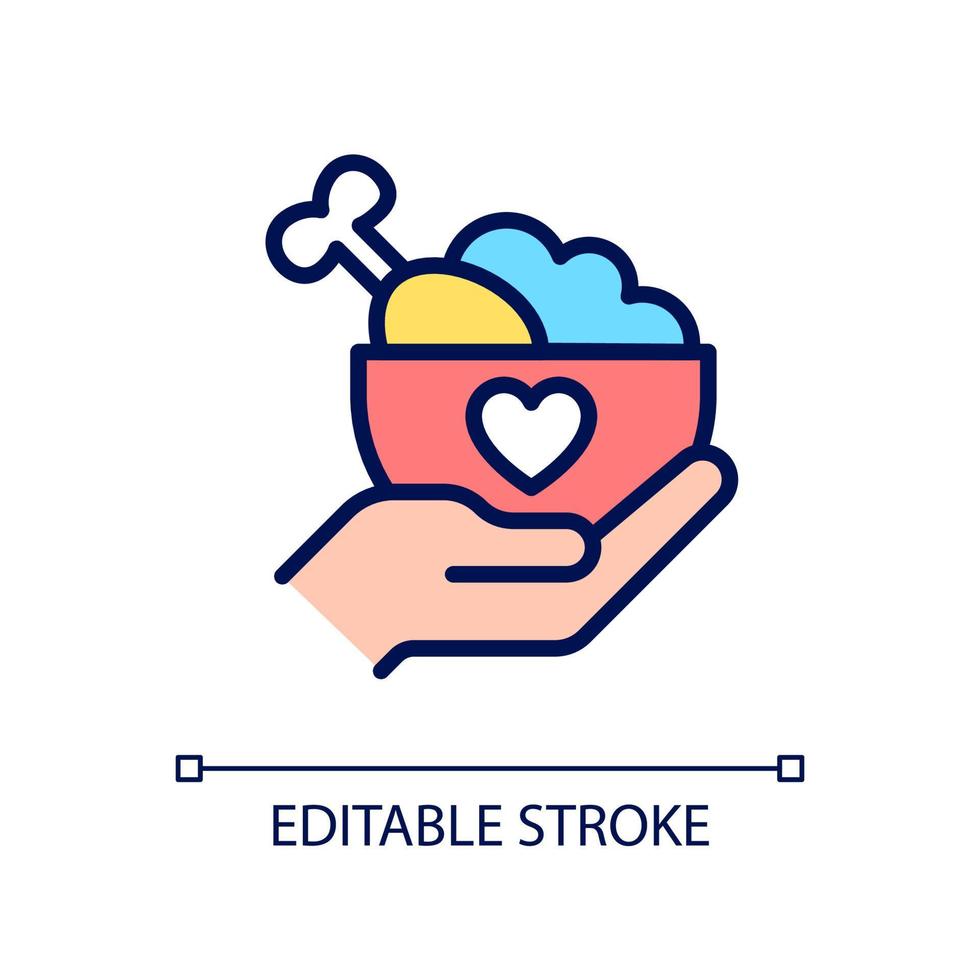 Food donation pixel perfect RGB color icon. Hunger relief organization. Food rescue program. Isolated vector illustration. Simple filled line drawing. Editable stroke. Arial font used