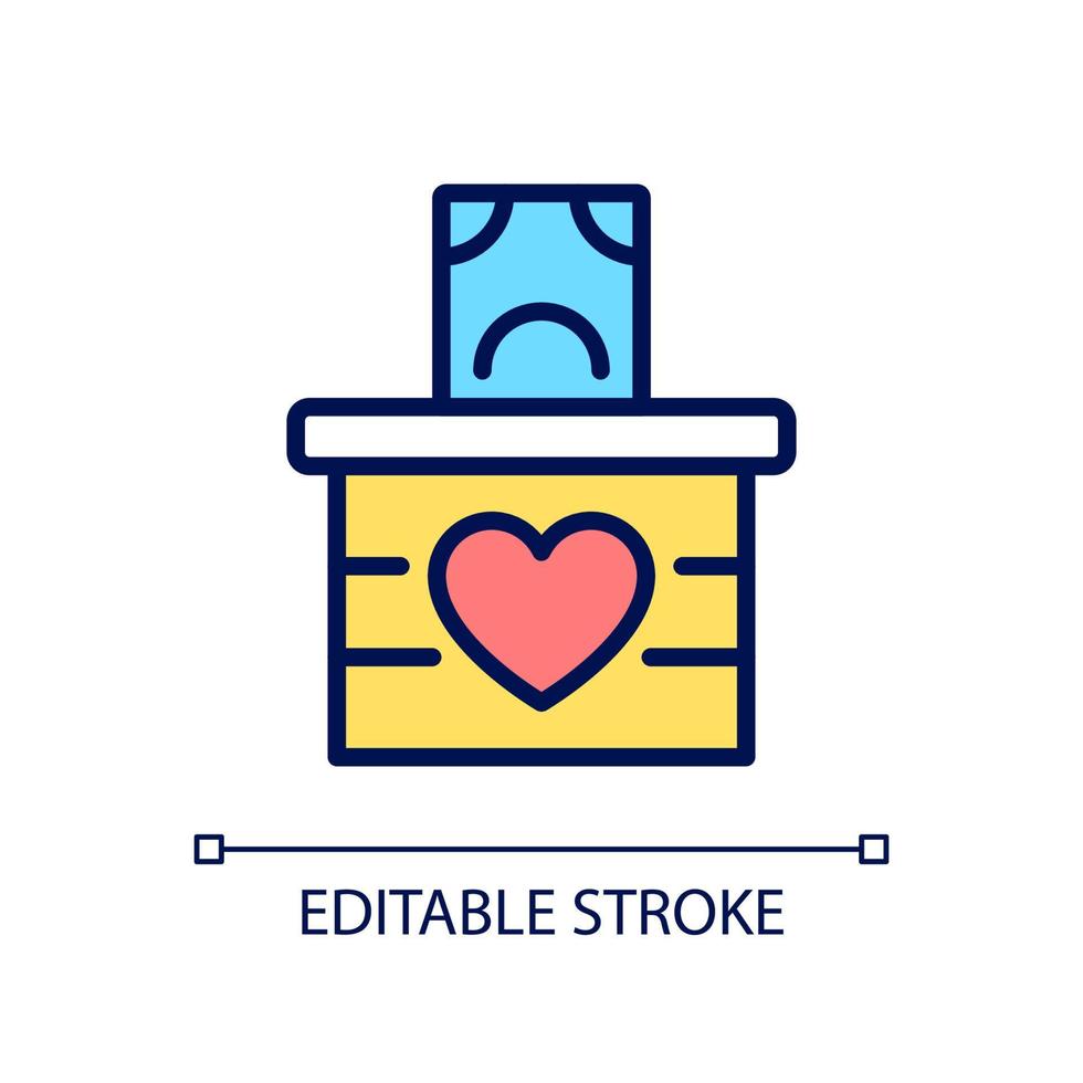 Money donation pixel perfect RGB color icon. Cash charitable contributions. Generous benefaction. Isolated vector illustration. Simple filled line drawing. Editable stroke. Arial font used