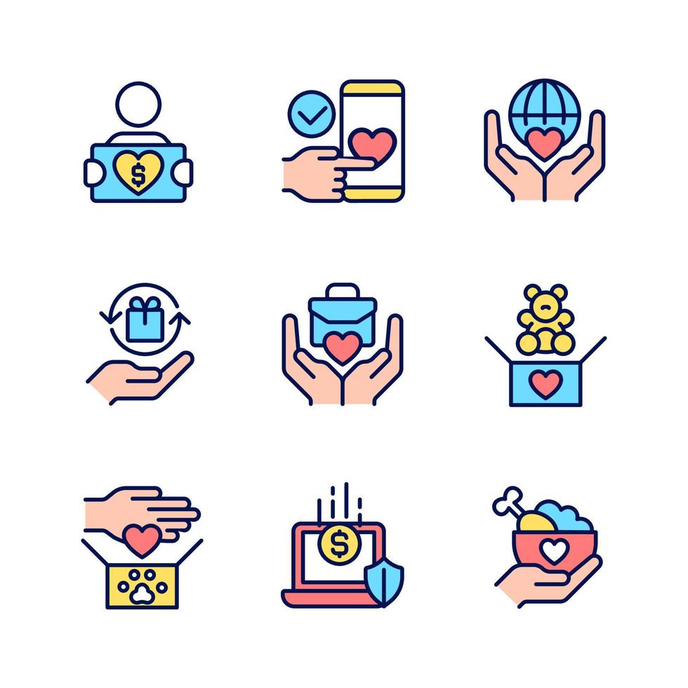 Donating to multiple charities pixel perfect RGB color icons set. Fundraising event. Charitable organization. Isolated vector illustrations. Simple filled line drawings collection. Editable stroke