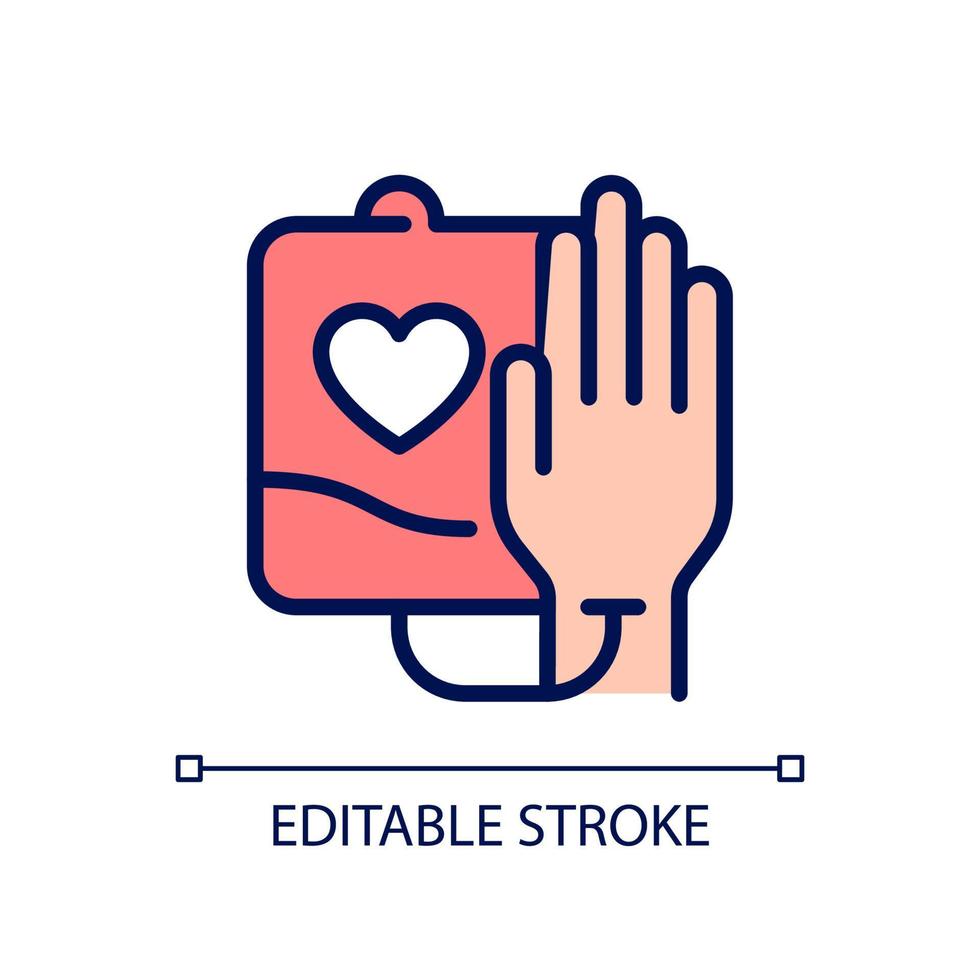 Blood donation pixel perfect RGB color icon. Charitable contribution. Voluntary procedure. Donating plasma. Isolated vector illustration. Simple filled line drawing. Editable stroke. Arial font used