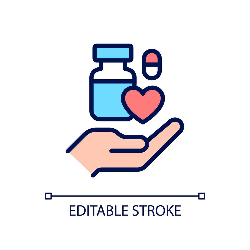 Medical donation pixel perfect RGB color icon. Unused medicine disposal. Donating returned drugs. Isolated vector illustration. Simple filled line drawing. Editable stroke. Arial font used