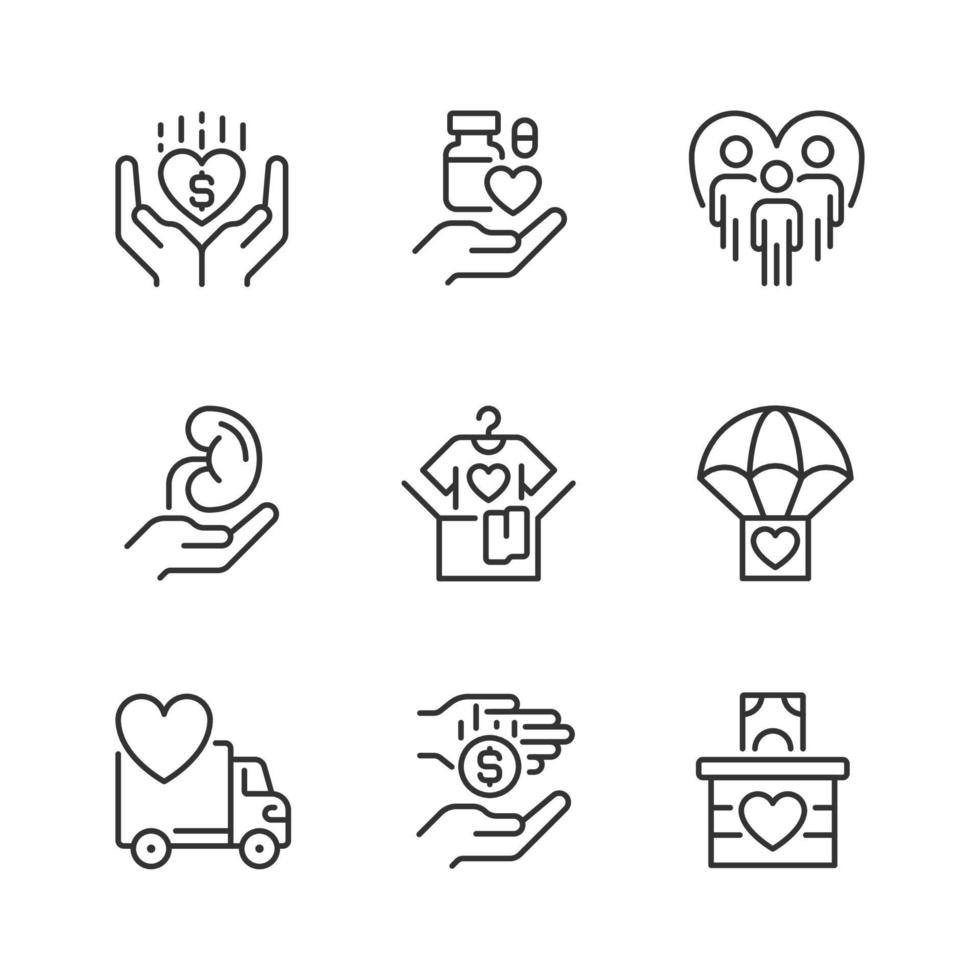 Volunteer opportunities pixel perfect linear icons set. Monetary donation. Social responsibility. Customizable thin line symbols. Isolated vector outline illustrations. Editable stroke