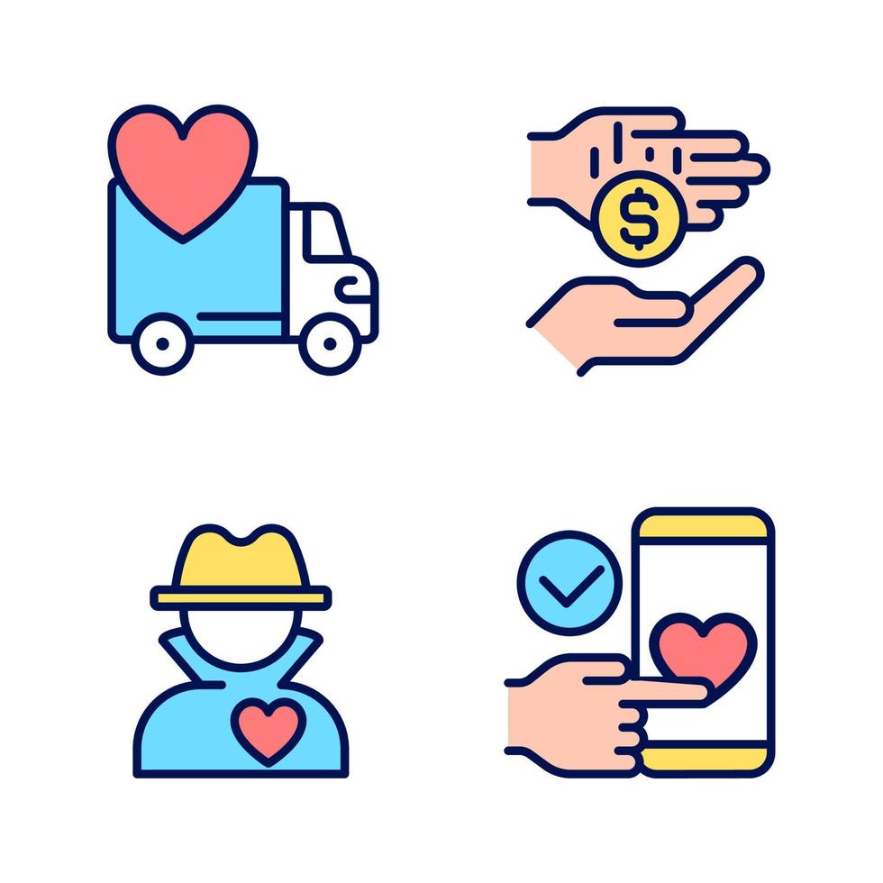 Public charity pixel perfect RGB color icons set. Donating motor vehicle. Microphilanthropy. Anonymous donor. Isolated vector illustrations. Simple filled line drawings collection. Editable stroke