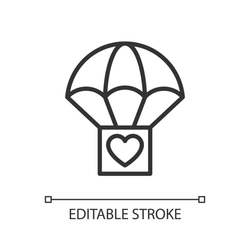 Humanitarian aid pixel perfect linear icon. Life-saving support. Voluntary service. Provide food aid. Thin line illustration. Contour symbol. Vector outline drawing. Editable stroke. Arial font used