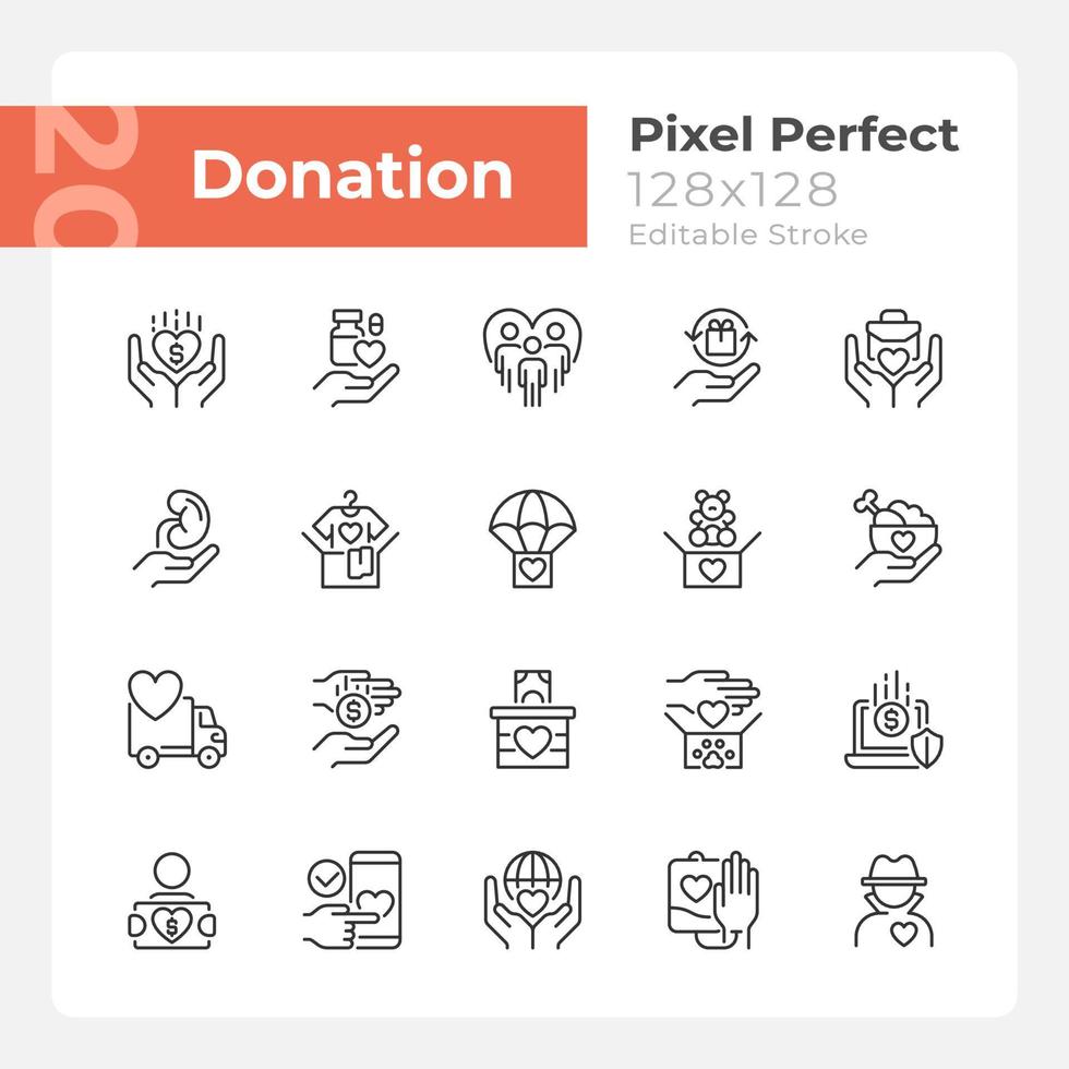 Donation opportunities pixel perfect linear icons set. Giving items away for free. Charitable organization. Customizable thin line symbols. Isolated vector outline illustrations. Editable stroke