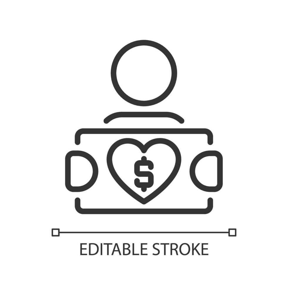 Fundraiser pixel perfect linear icon. Soliciting potential donors. Raising money for charity campaign. Thin line illustration. Contour symbol. Vector outline drawing. Editable stroke. Arial font used