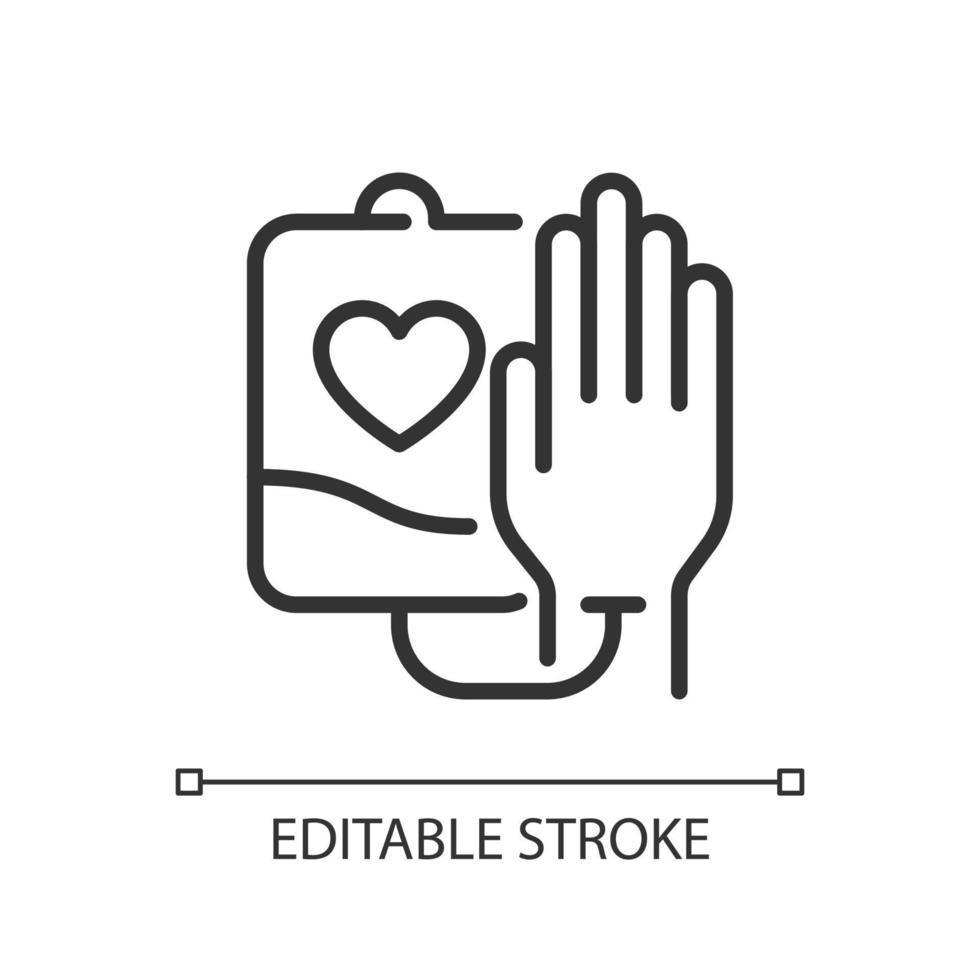 Blood donation pixel perfect linear icon. Charitable contribution. Voluntary procedure. Thin line illustration. Contour symbol. Vector outline drawing. Editable stroke. Arial font used