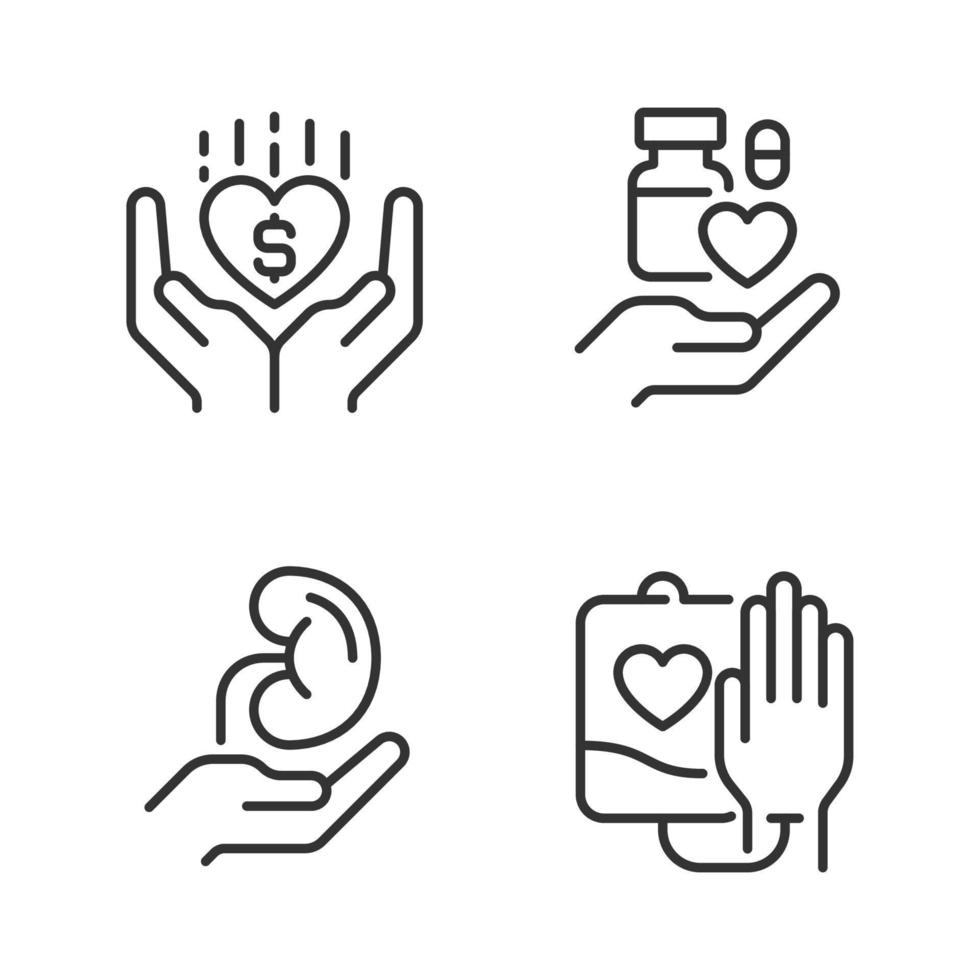 Donation to healthcare organizations pixel perfect linear icons set. Donated organs. Safe medication disposal. Customizable thin line symbols. Isolated vector outline illustrations. Editable stroke