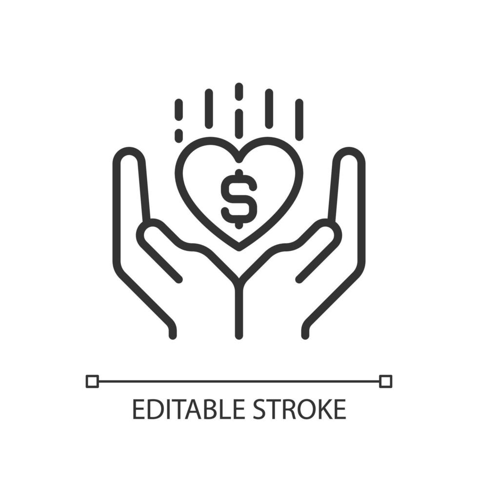 Philanthropy pixel perfect linear icon. Philanthropic organization. Improve human welfare. Thin line illustration. Contour symbol. Vector outline drawing. Editable stroke. Arial font used