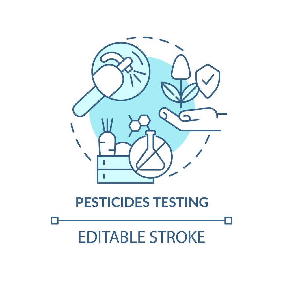 Pesticides testing turquoise concept icon. Food testing service abstract idea thin line illustration. Toxic substances. Isolated outline drawing. Editable stroke. Arial, Myriad Pro-Bold fonts used vector