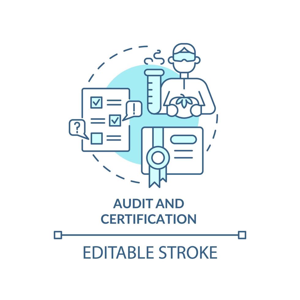 icono de concepto turquesa de auditoría y certificación. servicio de prueba idea abstracta ilustración de línea delgada. inspección. dibujo de contorno aislado. trazo editable. arial, innumerables fuentes pro-bold utilizadas vector