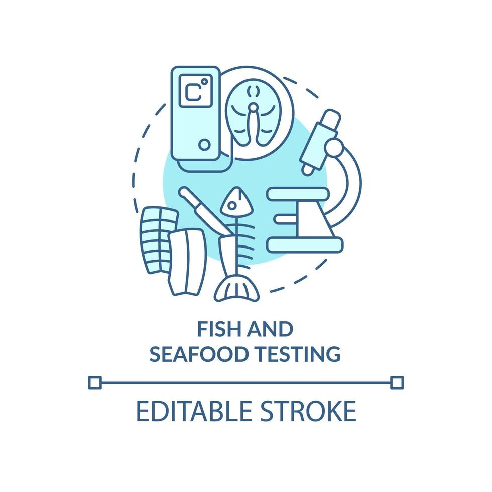 Fish and seafood testing turquoise concept icon. Expertise in food market abstract idea thin line illustration. Isolated outline drawing. Editable stroke. Arial, Myriad Pro-Bold fonts used vector