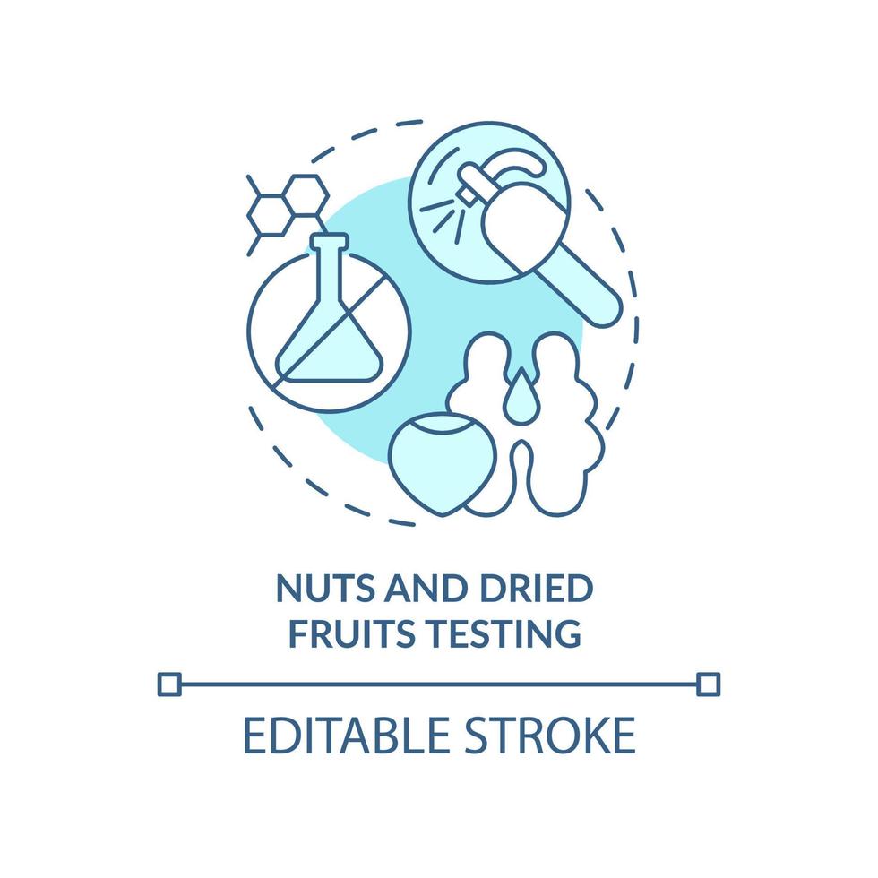 Nuts and dried fruits testing turquoise concept icon. Expertise in food market abstract idea thin line illustration. Isolated outline drawing. Editable stroke. Arial, Myriad Pro-Bold fonts used vector