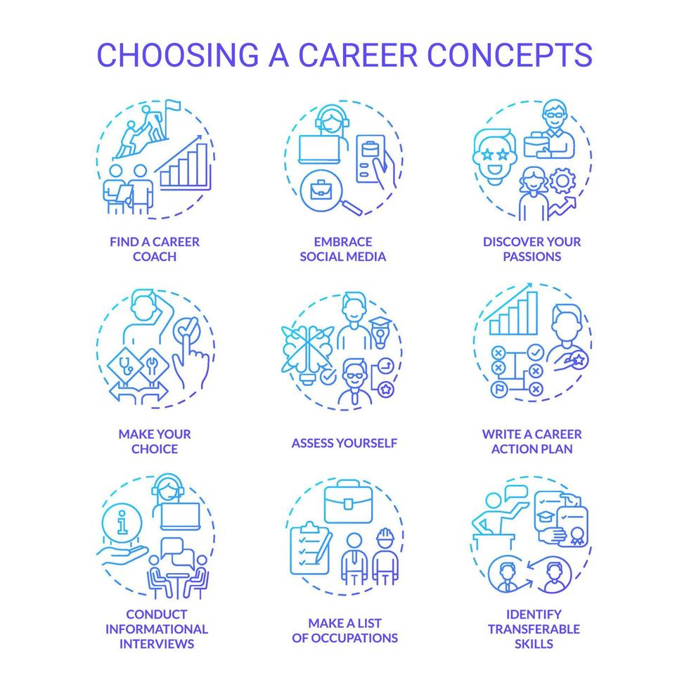 Choosing career blue gradient concept icons set. Make occupations list idea thin line color illustrations. Conduct informational interviews. Isolated symbols. Roboto-Medium, Myriad Pro-Bold fonts used vector