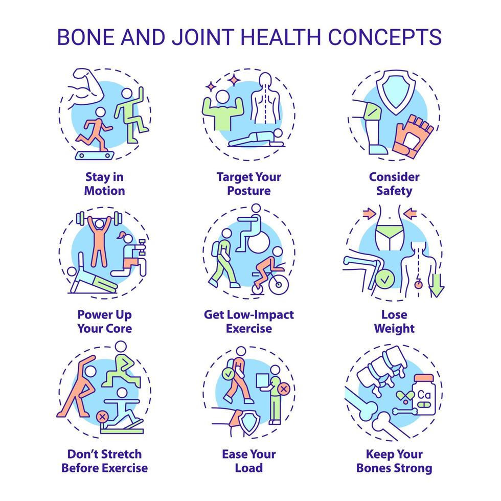 Bone and joint health concept icons set. Healthy lifestyle choices idea thin line color illustrations. Stay in motion. Isolated symbols. Editable stroke. Roboto-Medium, Myriad Pro-Bold fonts used vector