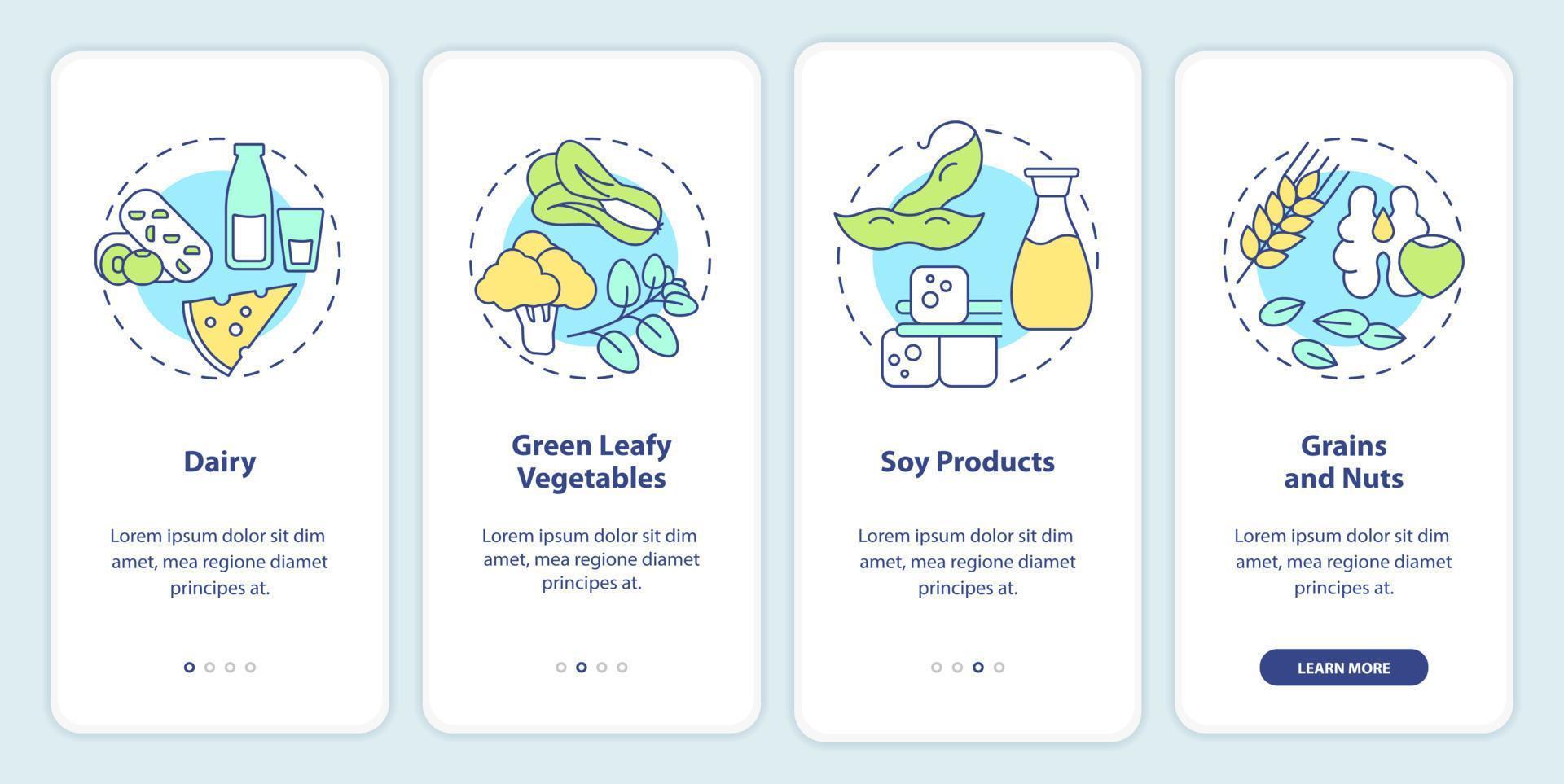 Food for healthy bones onboarding mobile app screen. Green vegetables walkthrough 4 steps graphic instructions pages with linear concepts. UI, UX, GUI template. Myriad Pro-Bold, Regular fonts used vector